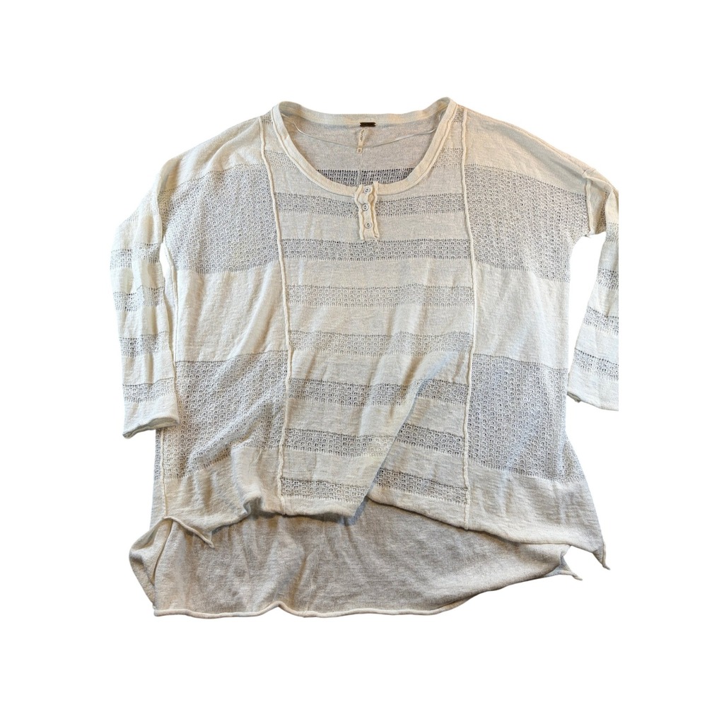 Free People We The Free Ivory Striped Open Knit Henley Top XS Oversized Boho